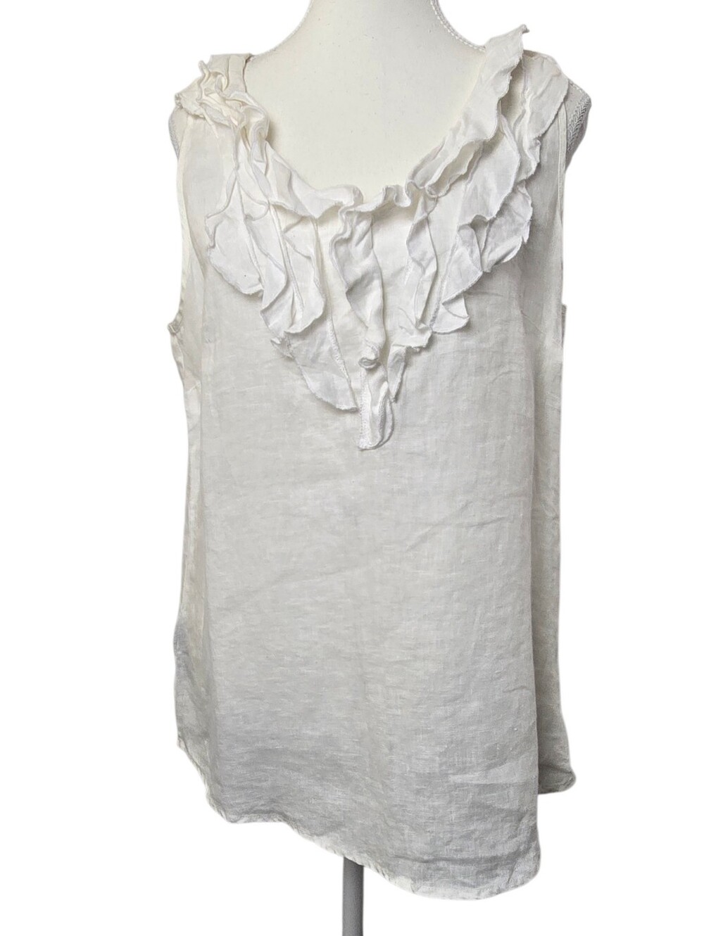 Rafaella White 100% Linen V-Neck Ruffle Sleeveless Resortwear Blouse Top Size L